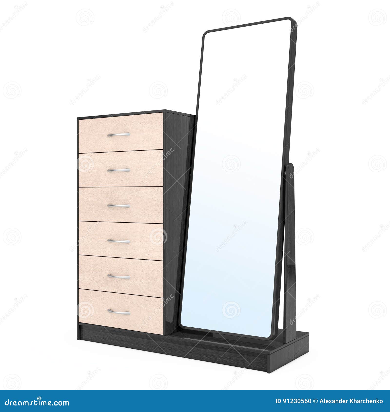 Modern Wooden Dresser With Mirror 3d Rendering Stock Illustration