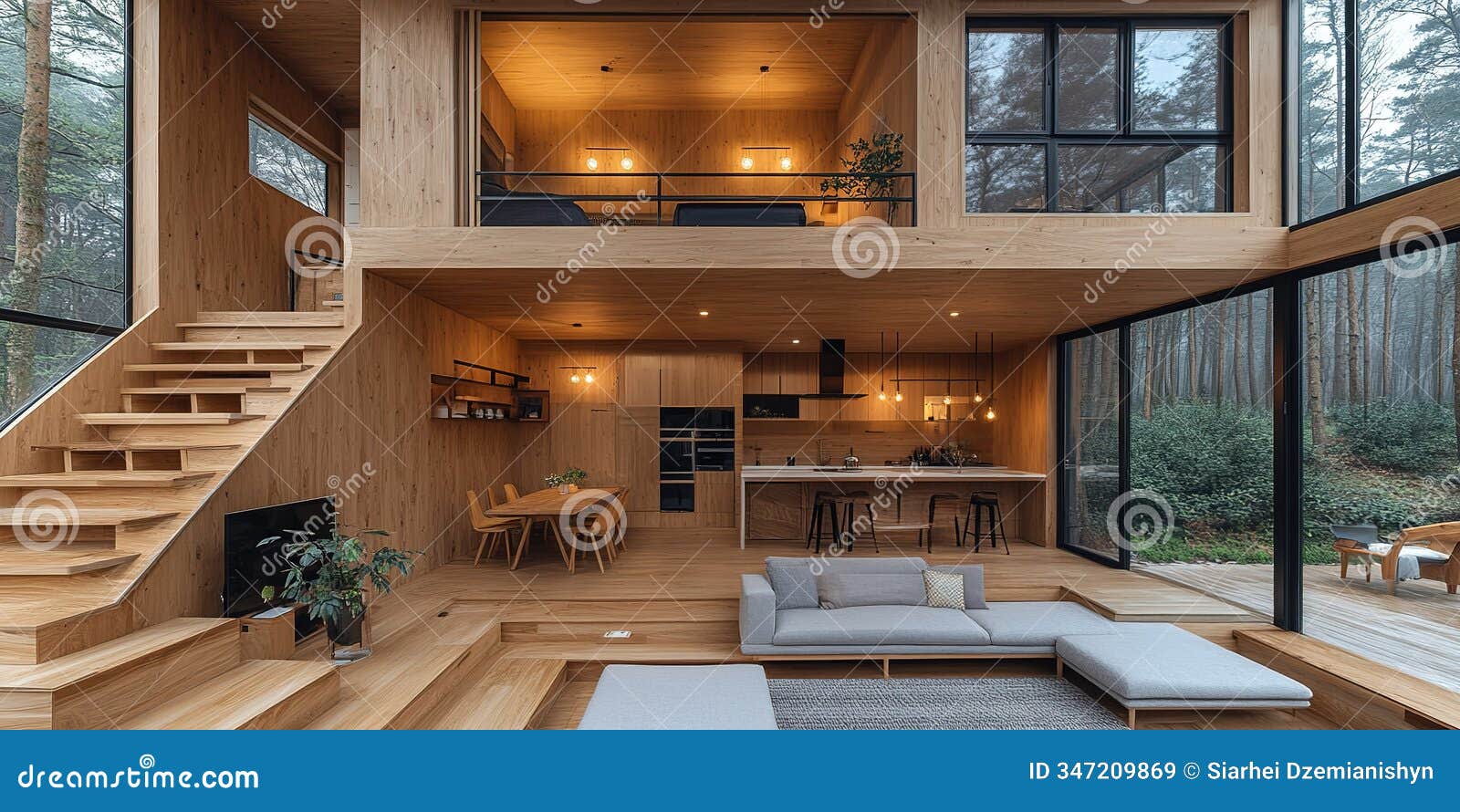Modern Wooden House Interior Design with Open Layout and Large Windows