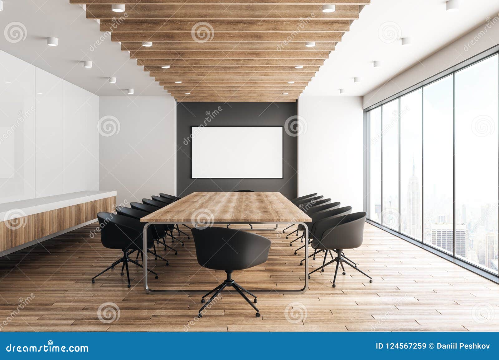 Modern Wooden Meeting Room With Billboard Stock Illustration