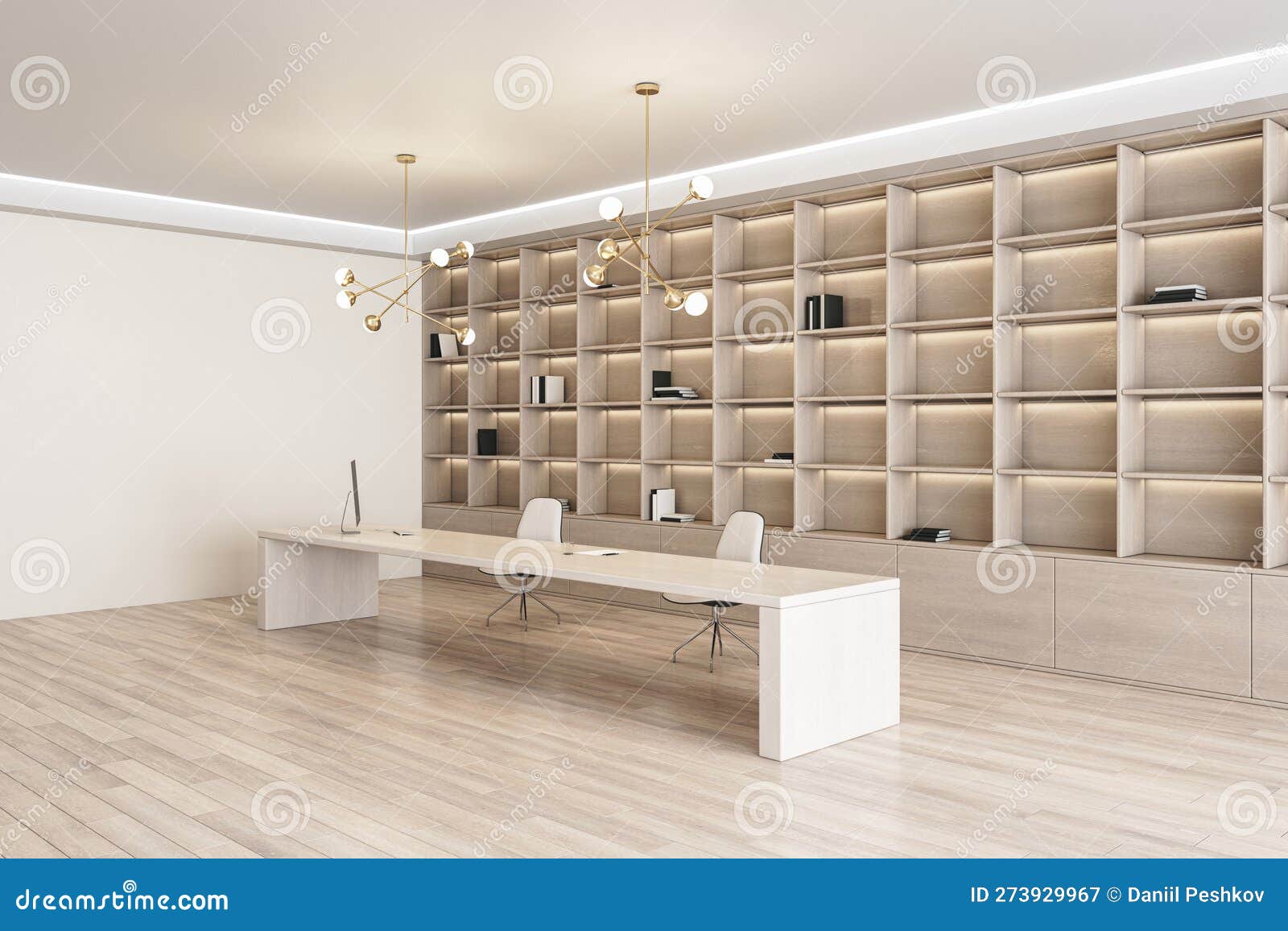 Modern Office Interior with Bookshelf and Desktop with Equipment. Stock