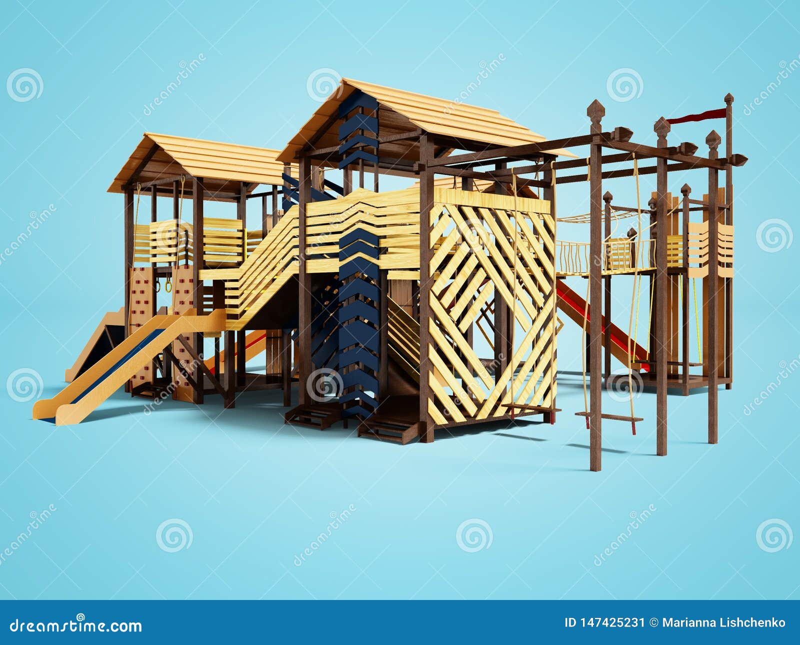 Modern Wooden Playground For Teens In Summer On The Beach 3d Render On