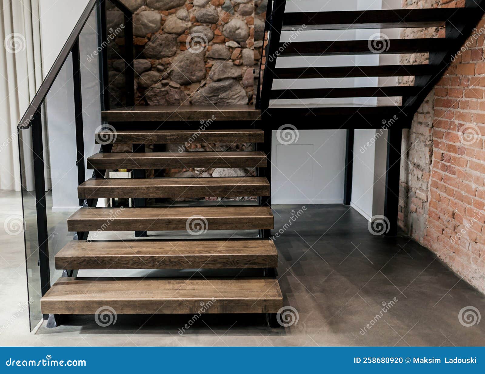 Modern wooden stairs stock photo. Image of living, cozy - 258680920