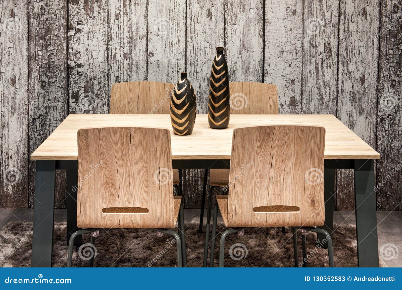 Modern Wooden Table And Chairs With Vases Stock Image Image Of