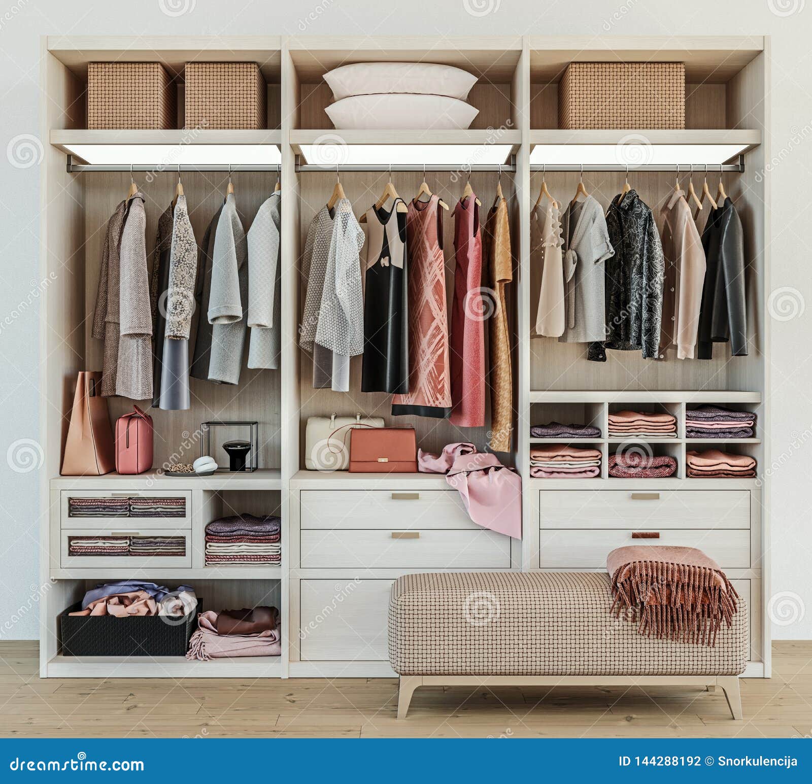 modern wooden wardrobe with clothes hanging on rail in walk in closet  interior