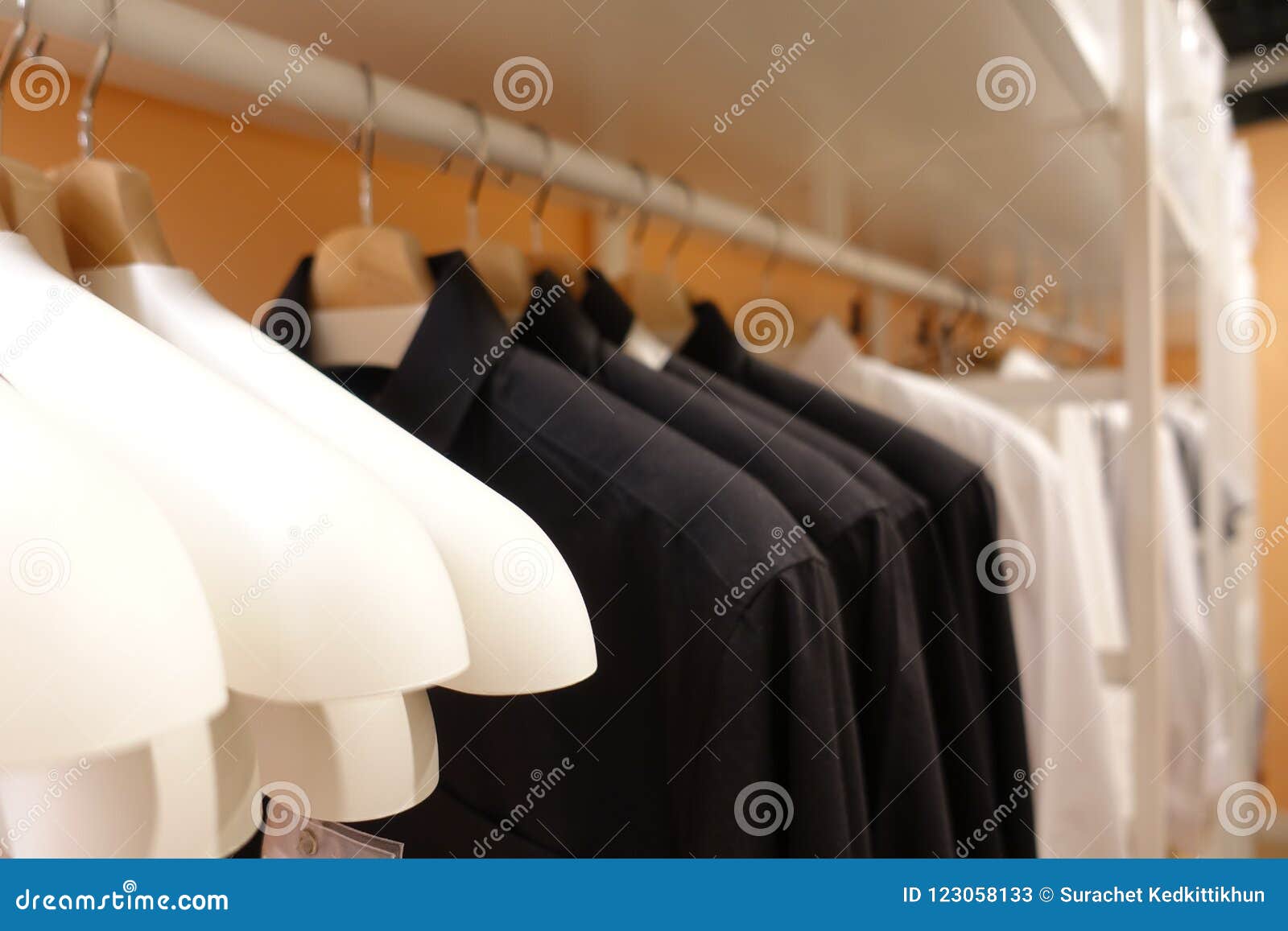 Modern Wooden Wardrobe with Clothes Hanging on Rail in Walk in Closet ...