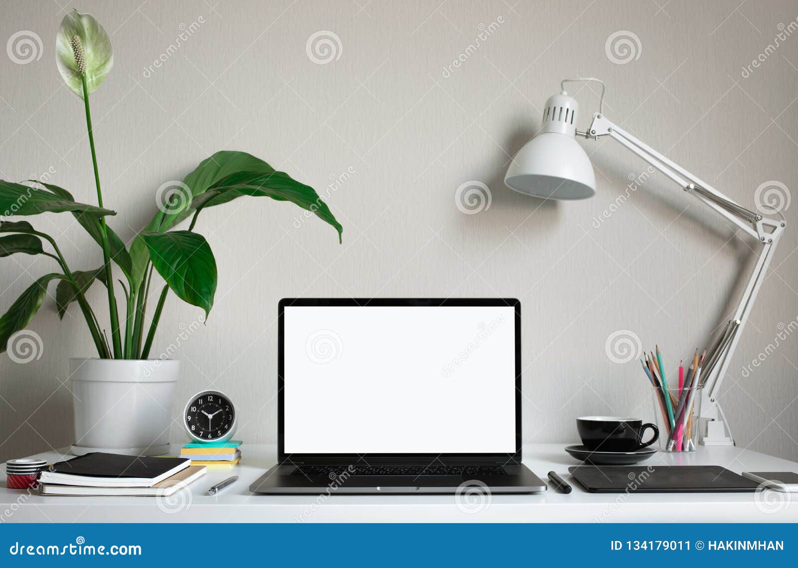 modern work table with blank computer laptop and accessories in home office studio.freelance er or blogger  ideas