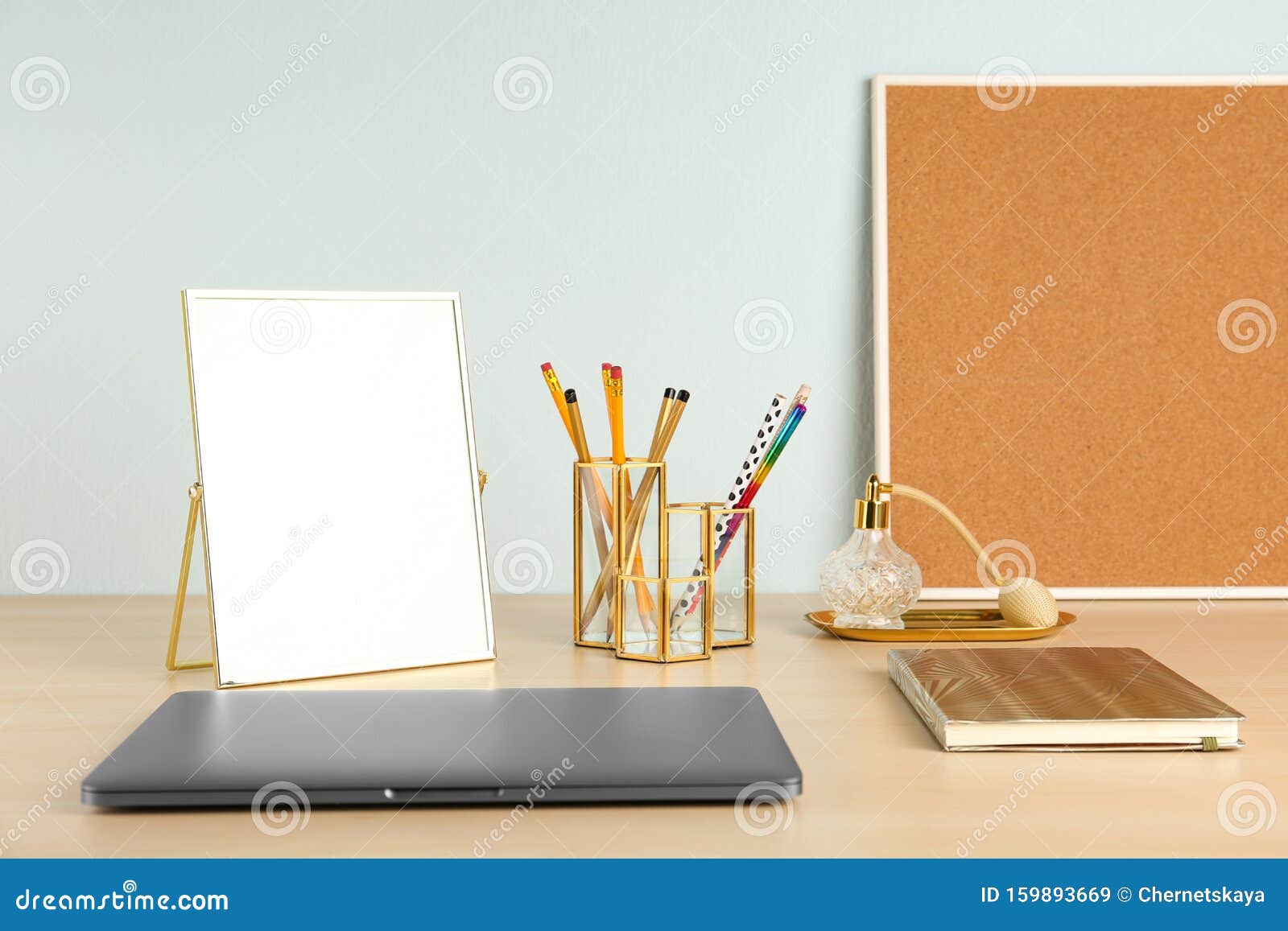Modern Workplace with Laptop and Golden Decor on Desk. Stylish Interior ...