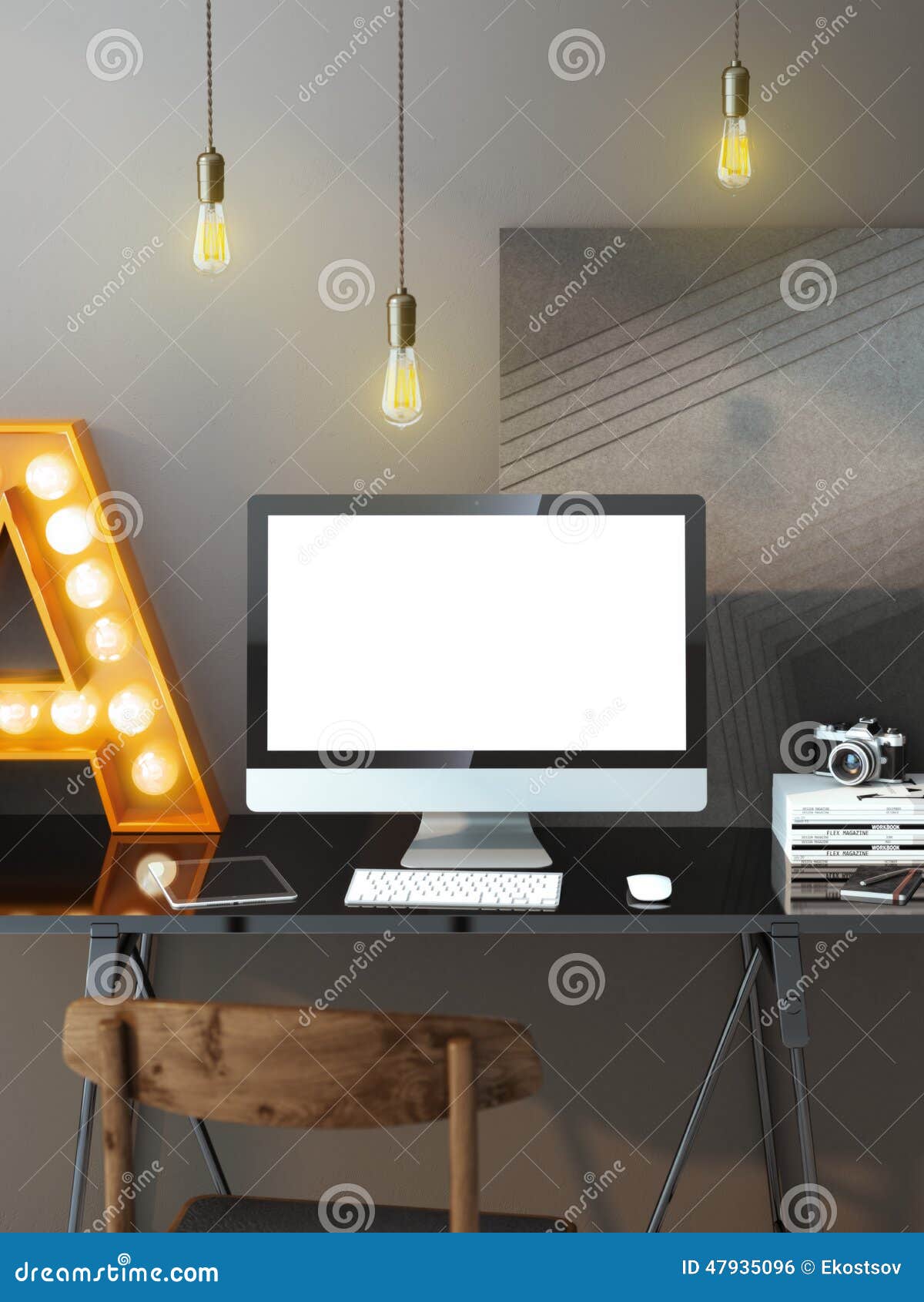 modern workspace with computer and bulbs