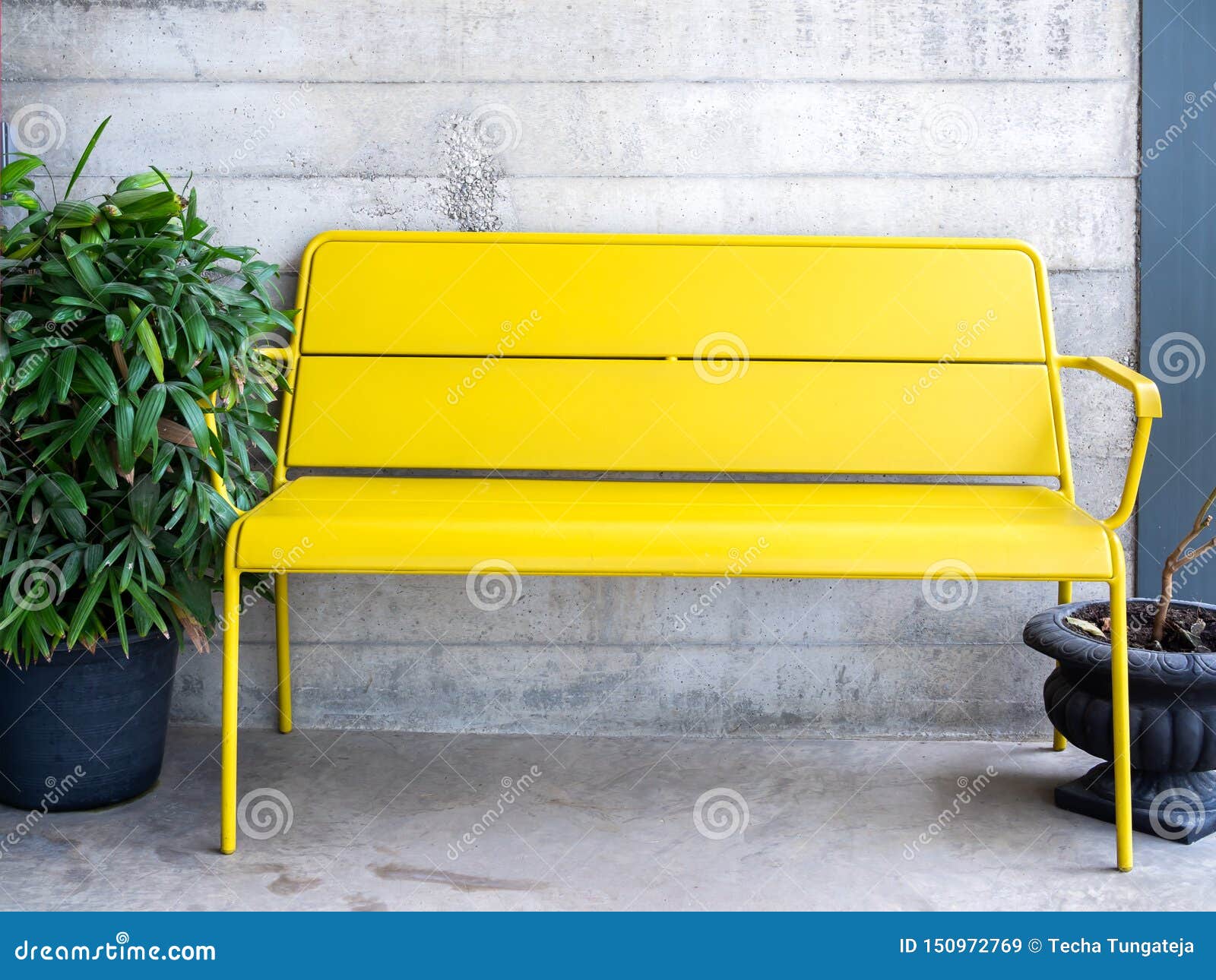 Modern Yellow Bench on Concrete Wall Background Stock Image Image of