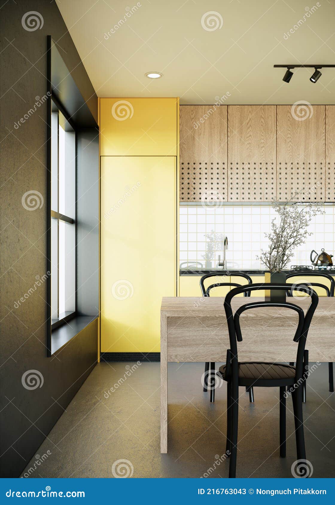 Modern Yellow Kitchen and Dining Room Interior Design Stock