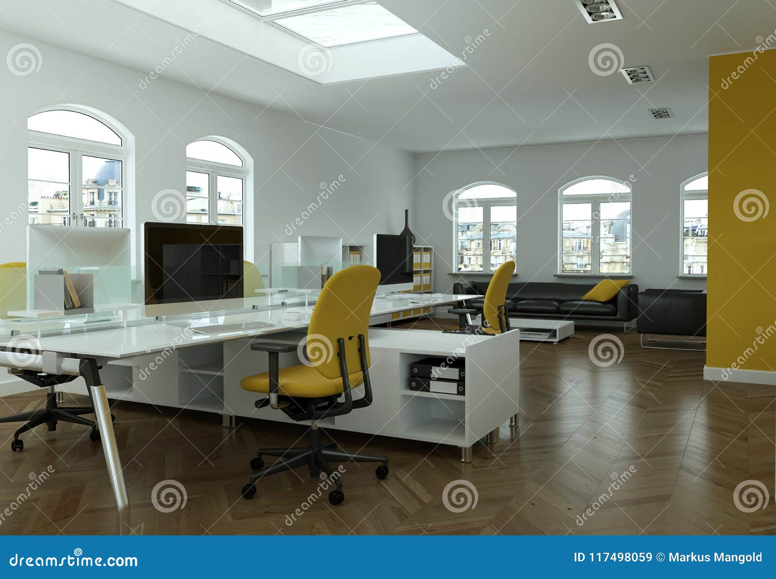 Modern Yellow Office Interior Design 3d Rendering Stock Illustration