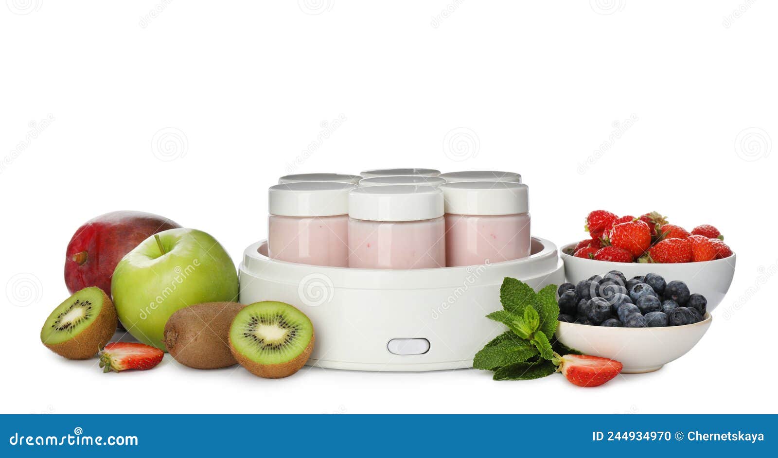 Modern Yogurt Maker with Full Jars and Ingredients on White Background Stock Photo Image of