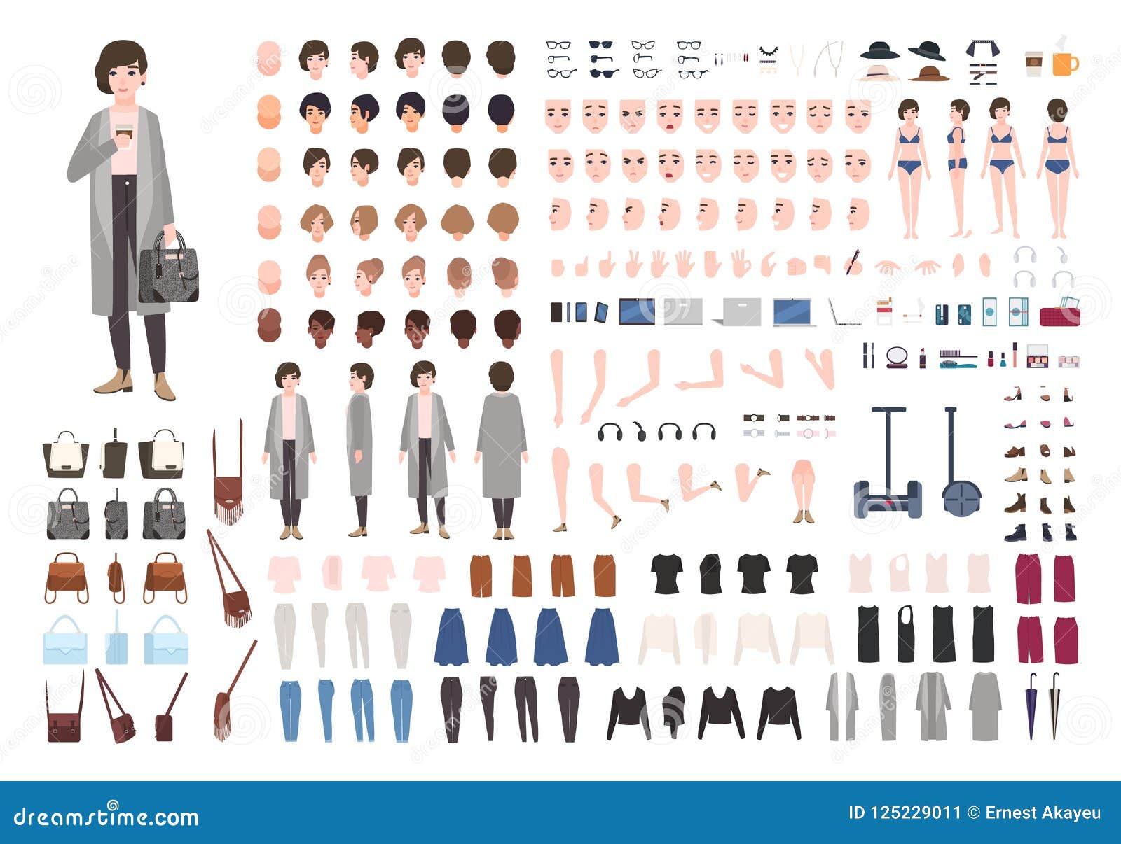 modern young woman or yuppie animation kit. collection of female body parts in different postures, haircuts, trendy