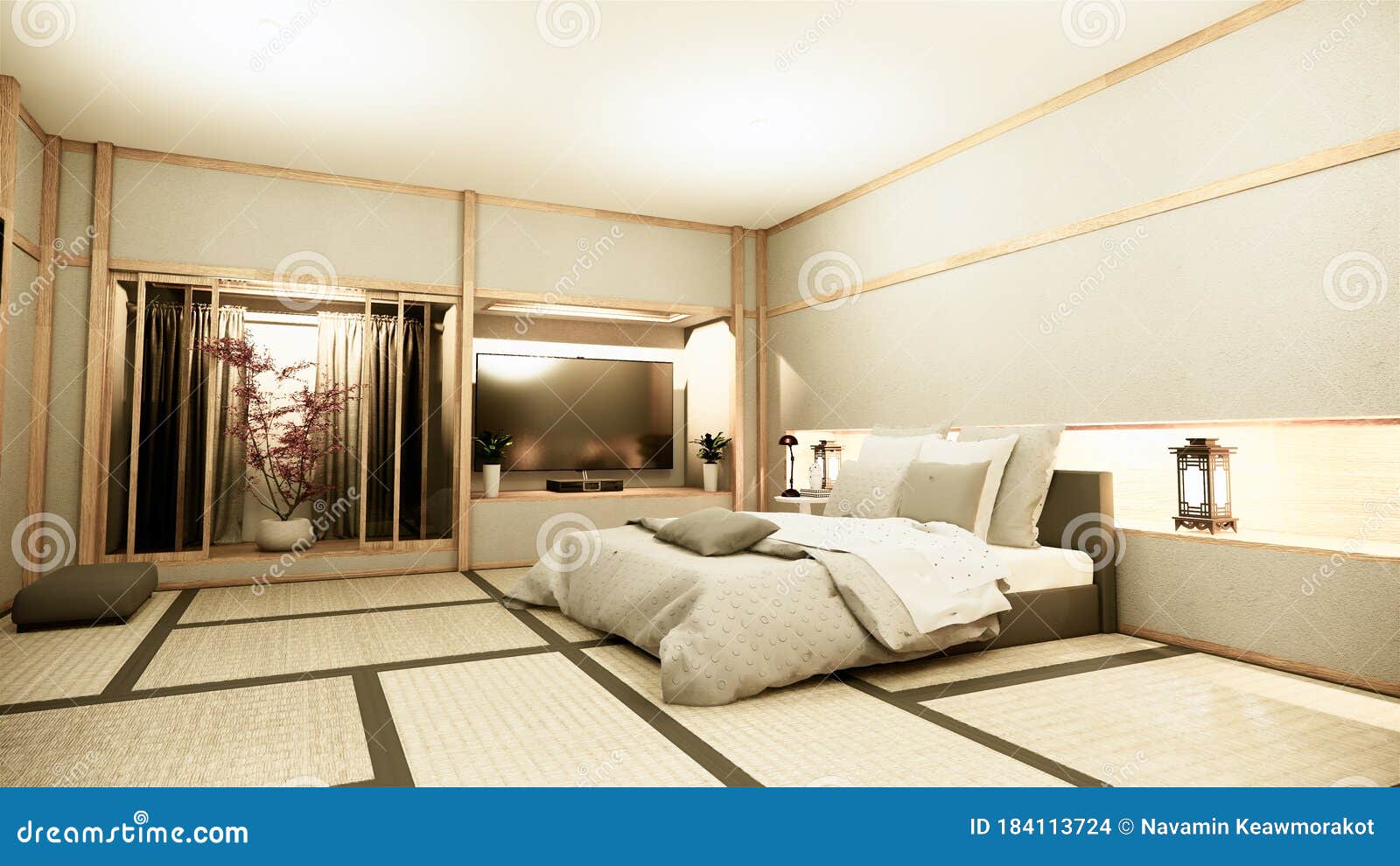 modern zen peaceful bedroom. japan style bedroom with shelf wall  hidden light and decoration nihon style.3d rendering