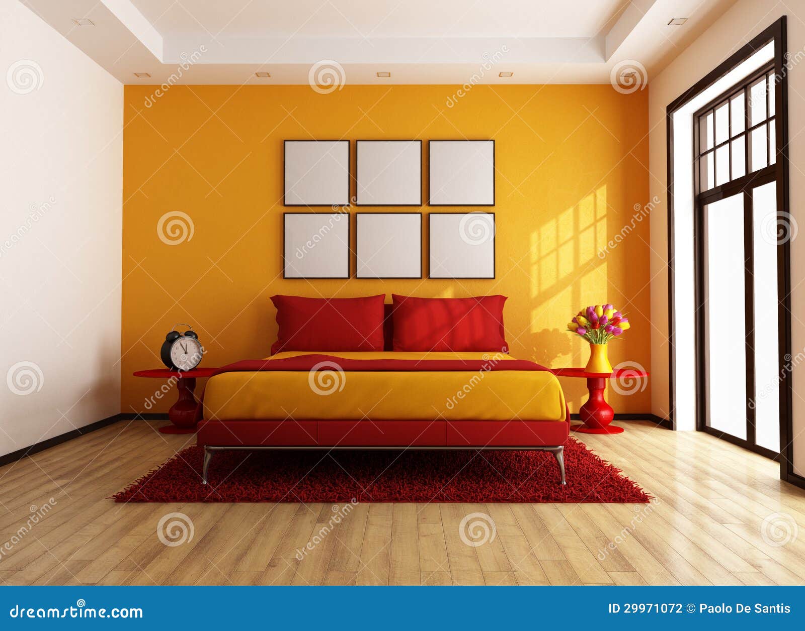 Rode en oranje eigentijdse slaapkamer stock fotografie ...