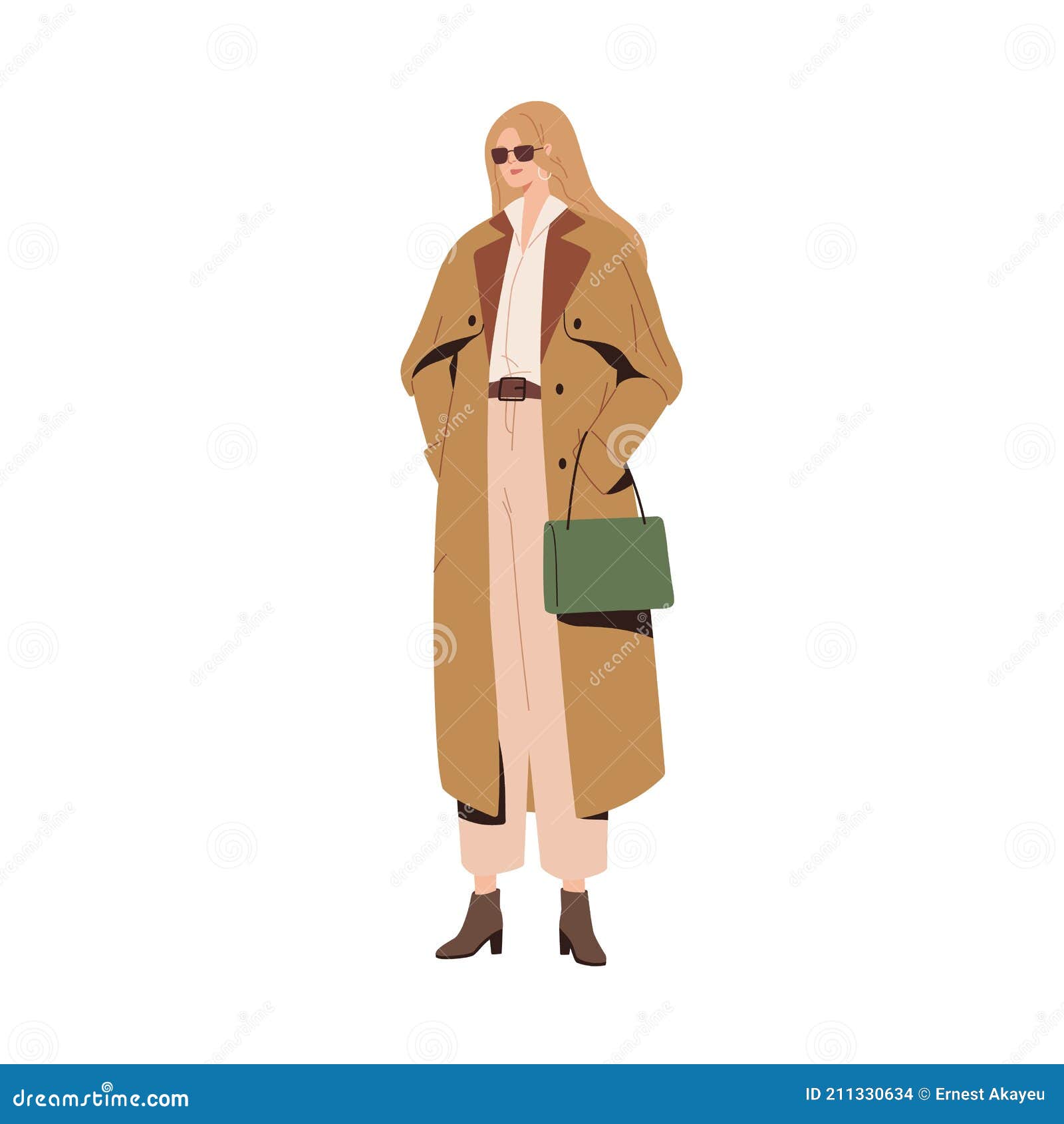 Moderne Stijlvolle Vrouw in Najaar Mode. Model Met Jas En Tas. Mensen Die Zich in De Trendy Elegant Kleden Vector Illustratie Illustration of toebehoren broek 211330634
