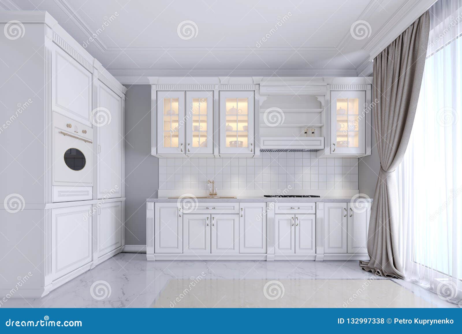 Moderne Weisse Kuche In Einer Klassischen Art Innen Mit Weissen Mobeln Und Grauen Wanden Innenarchitektur Der Luxuriosen Kuche Stock Abbildung Illustration Von Mobeln Weissen