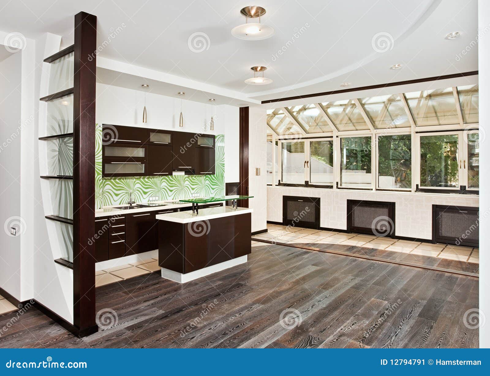 Moderne keuken met donkere houten vloer royalty vrije stock foto ...