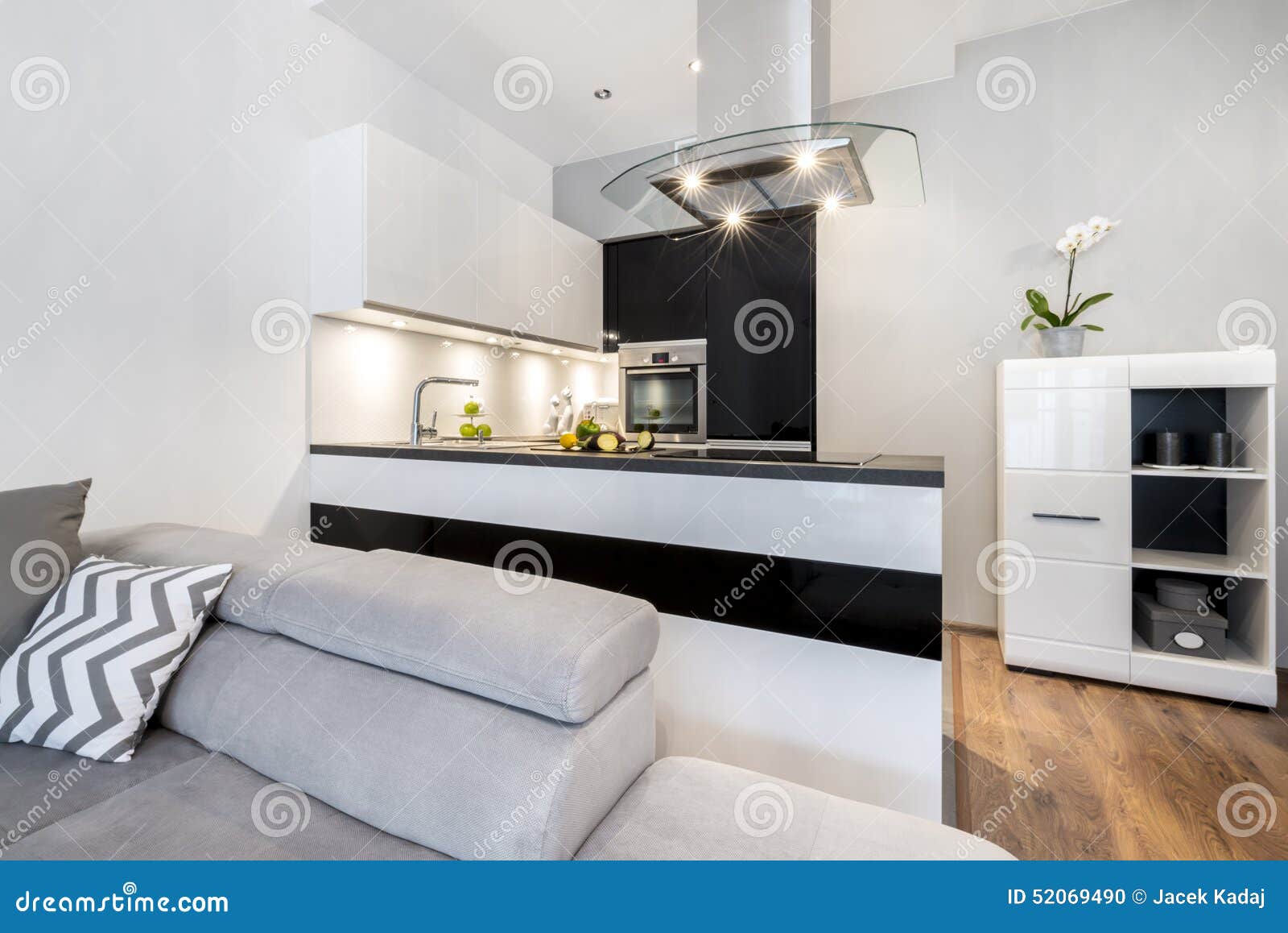 Moderne zwart witte kleine keuken stock foto afbeelding: 52069490