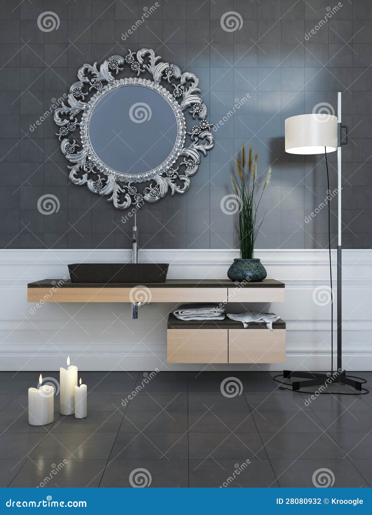 Modernes Art-Grau-Badezimmer Stock Abbildung - Illustration von kerze