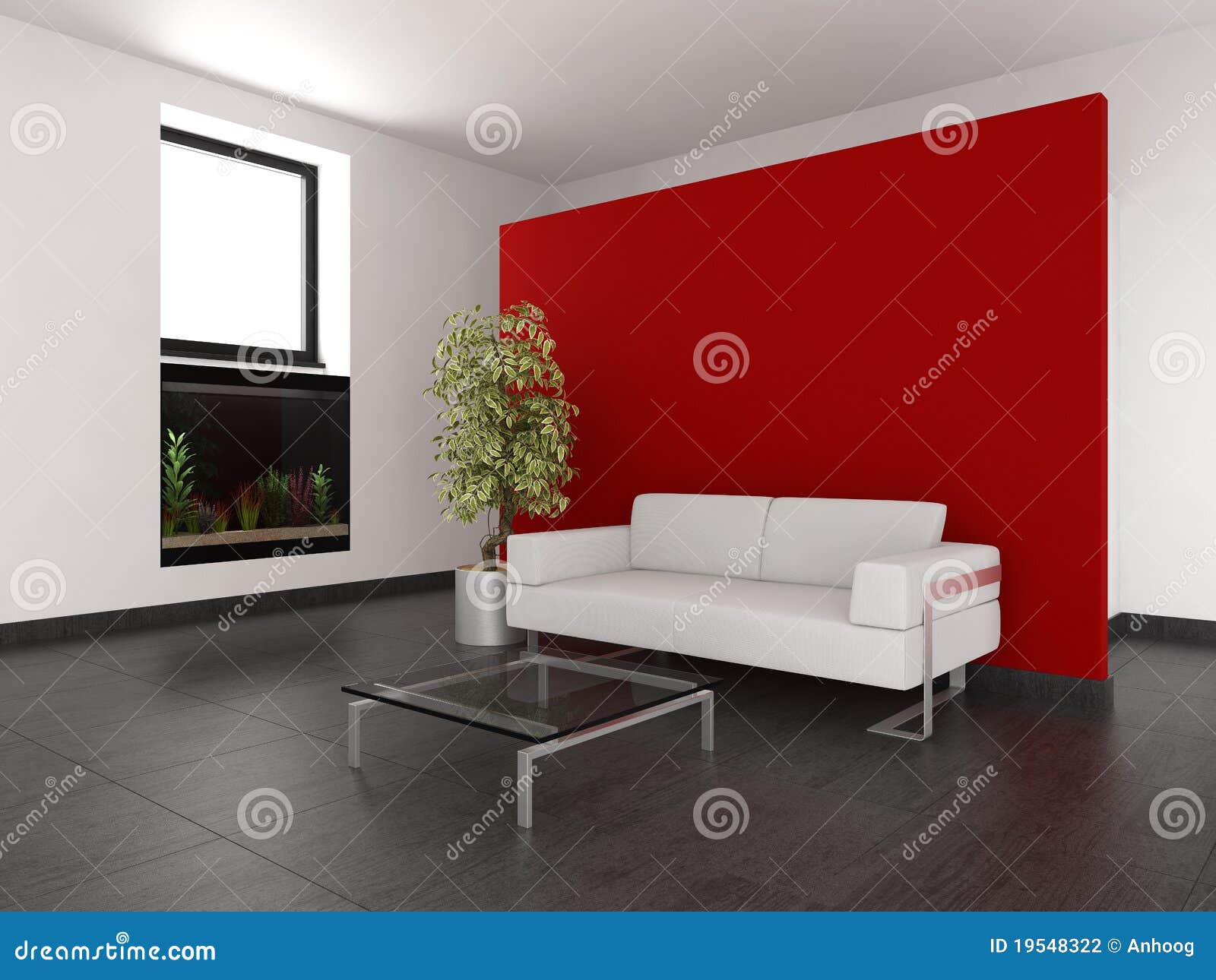 Modernes wohnzimmer mit roter wand und aquarium stockfotografie ...