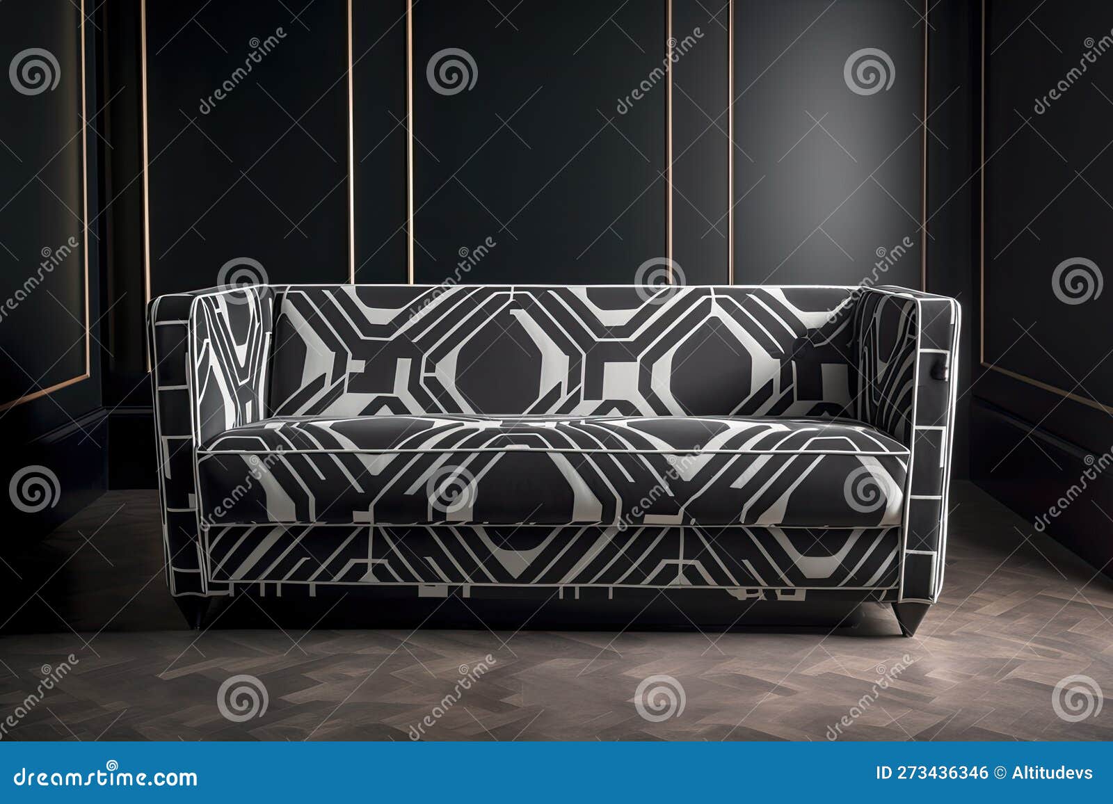 Modernist Sofa, Sleek and Streamlined with Bold Geometric Pattern in