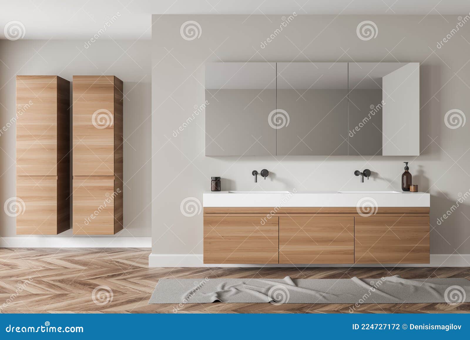 Com vista para uma casa de banho contemporânea com um lavatório prateleiras  de madeira e decorações