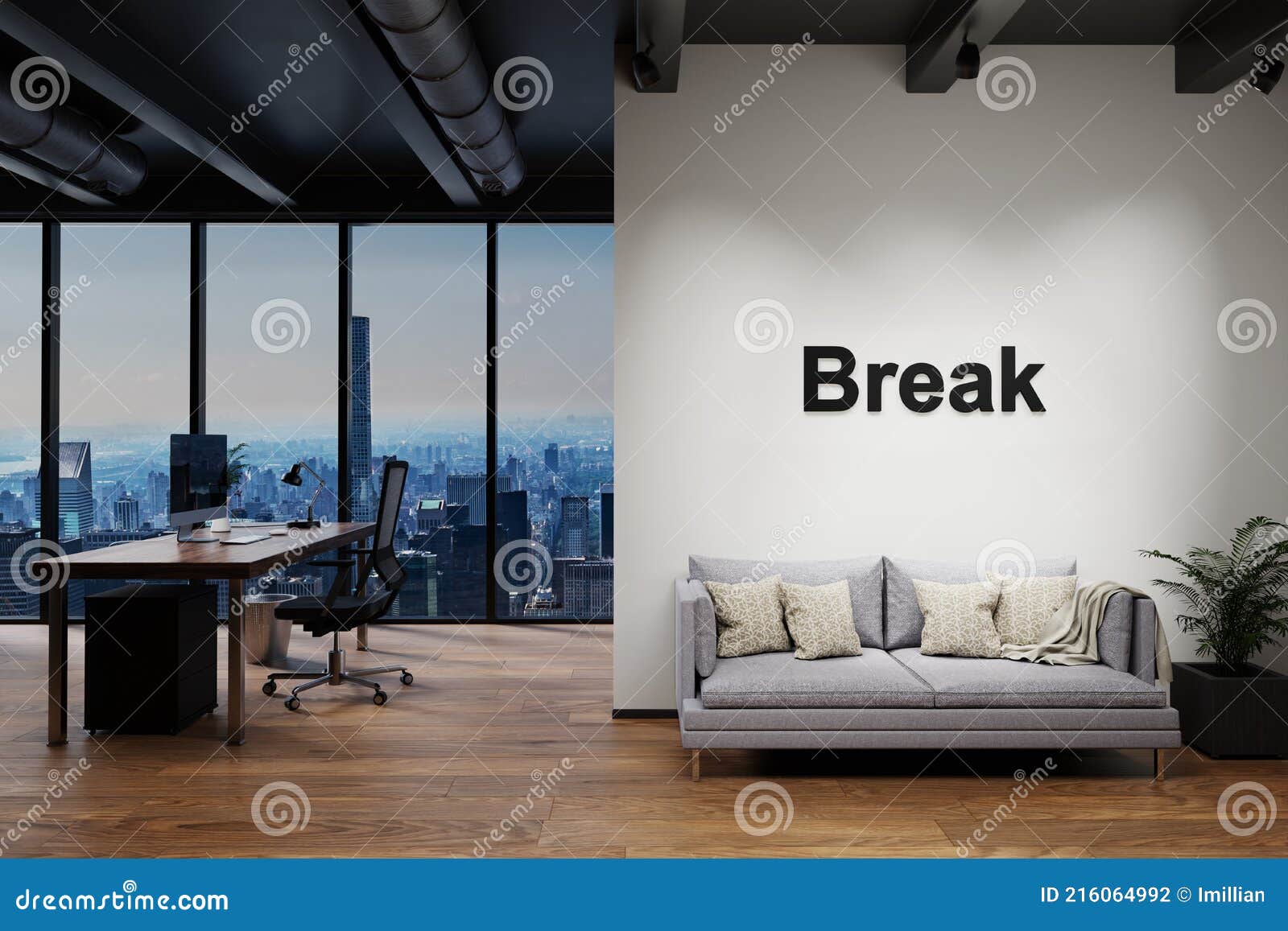 Moderno Loft De Lujo Con Vista Al Horizonte Y Vintage Sofá Pared Con Romper  Letras Timeout Relax Concepto 3d Ilustración Stock de ilustración -  Ilustración de negocios, jefe: 216064992