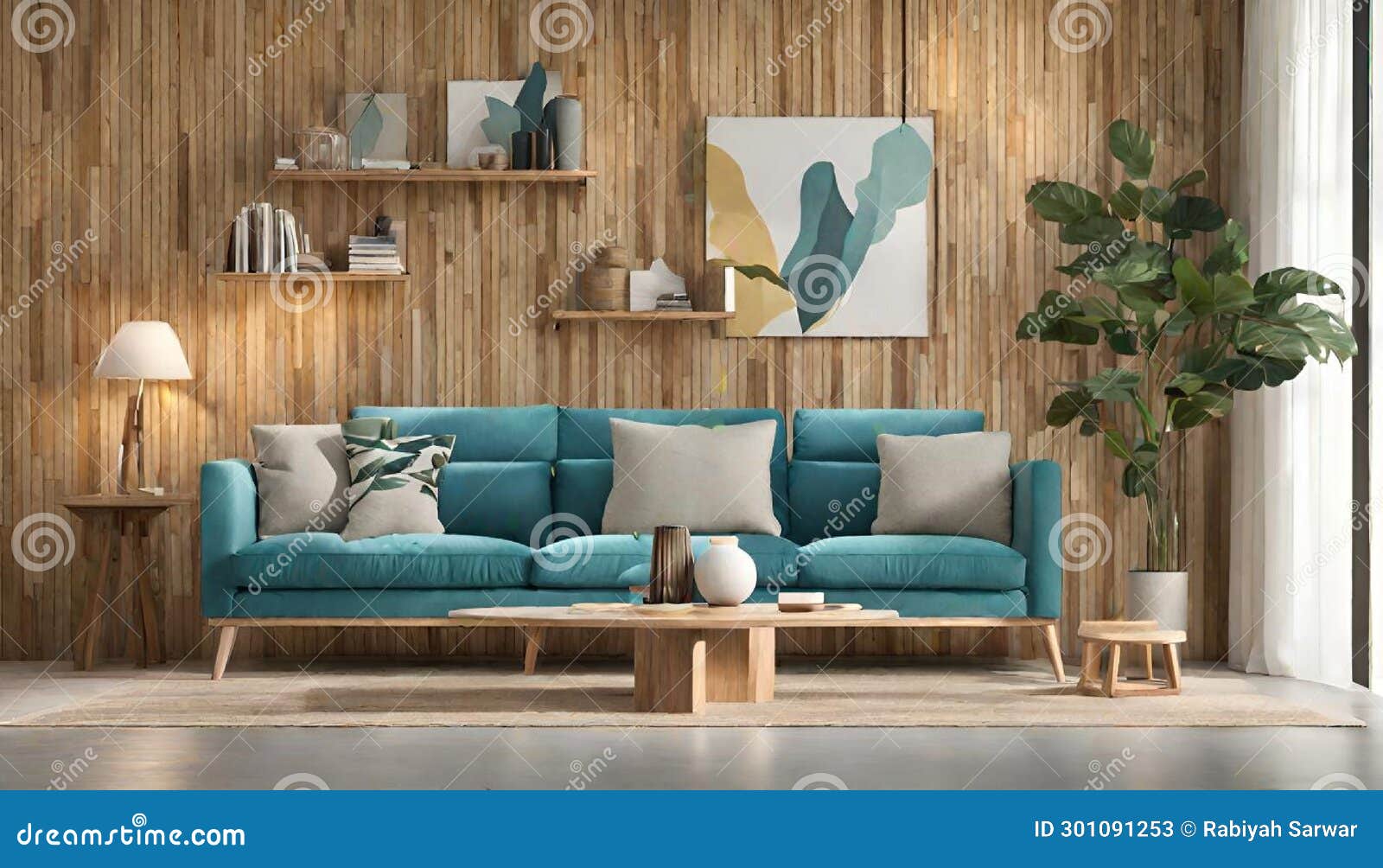 moderno salÃ³n frontal con sofÃ¡ y estanterÃ­as de madera en tonos azules. ilustraciÃ³n generativaa