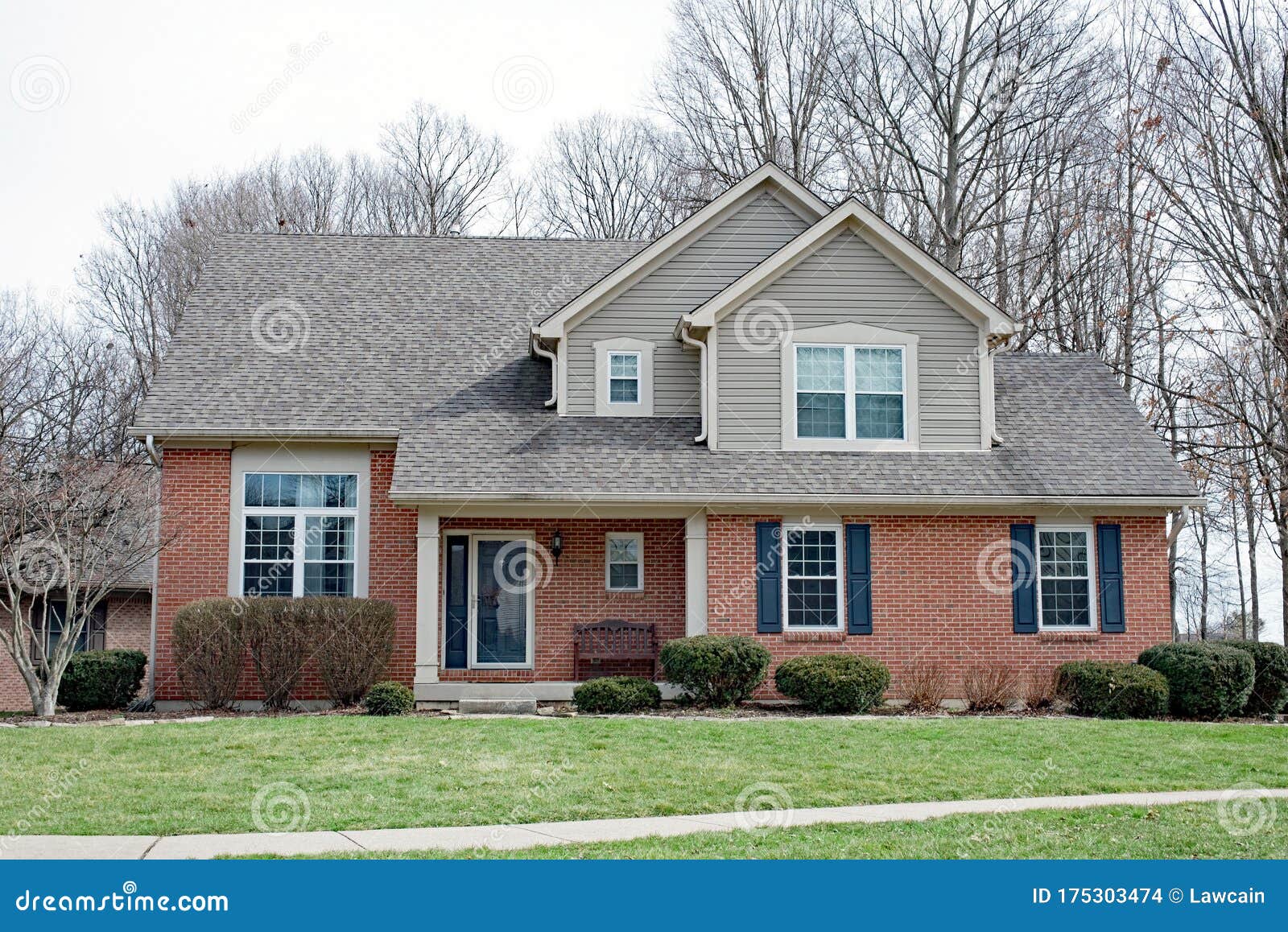 Modest Red Brick House With Black Shutters Stock Photo Image Of Gray Architecture