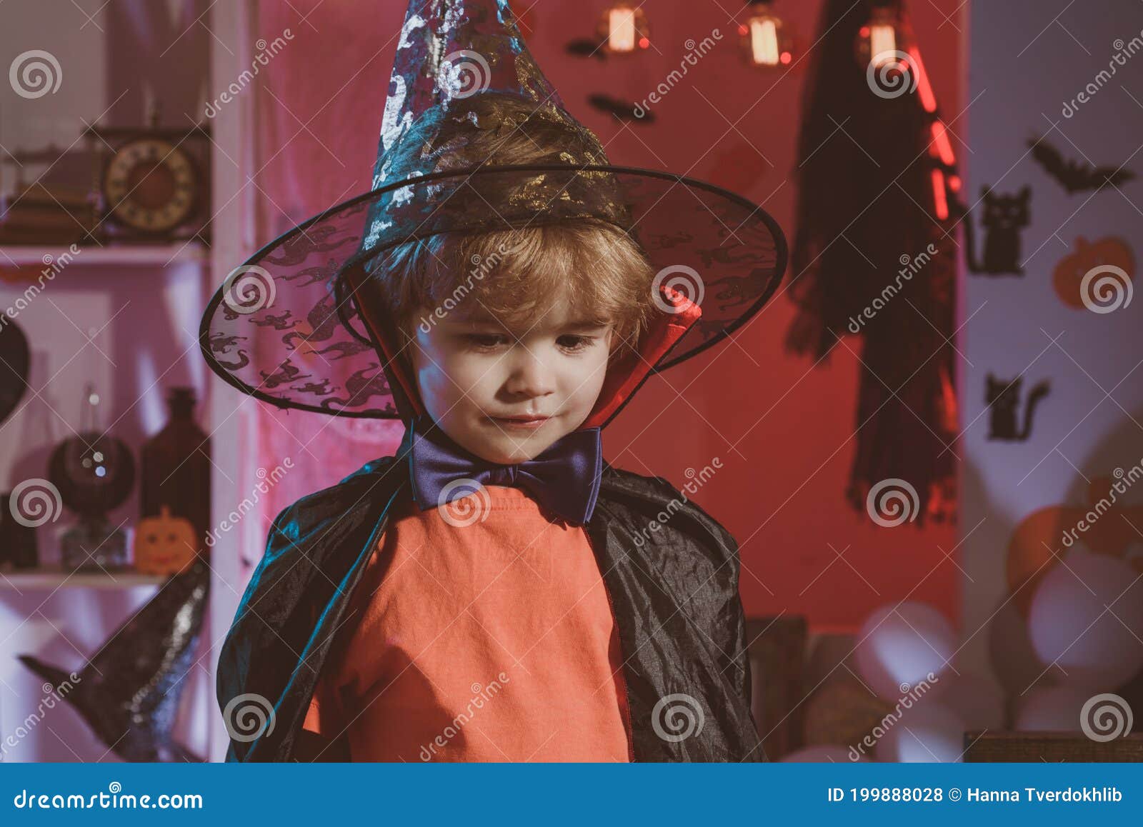 A Modest Shy Child. Little Wizard for Halloween. Child in Costume for ...