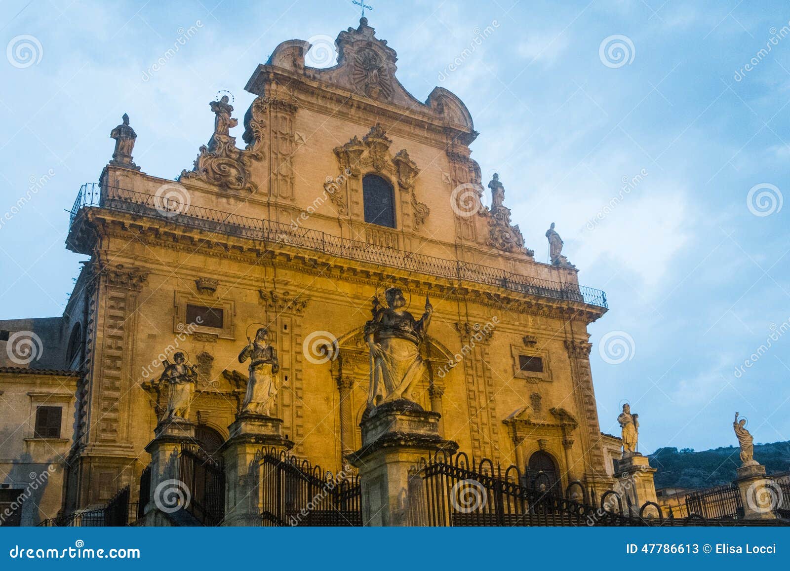 San Pietro cathedral by night in Modica, Sicily, Italy