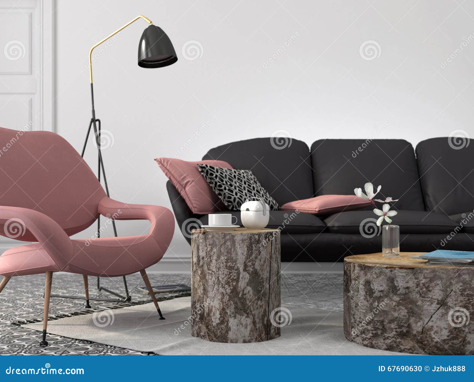 Modieuze woonkamer in roze en grijze kleur stock illustratie ...