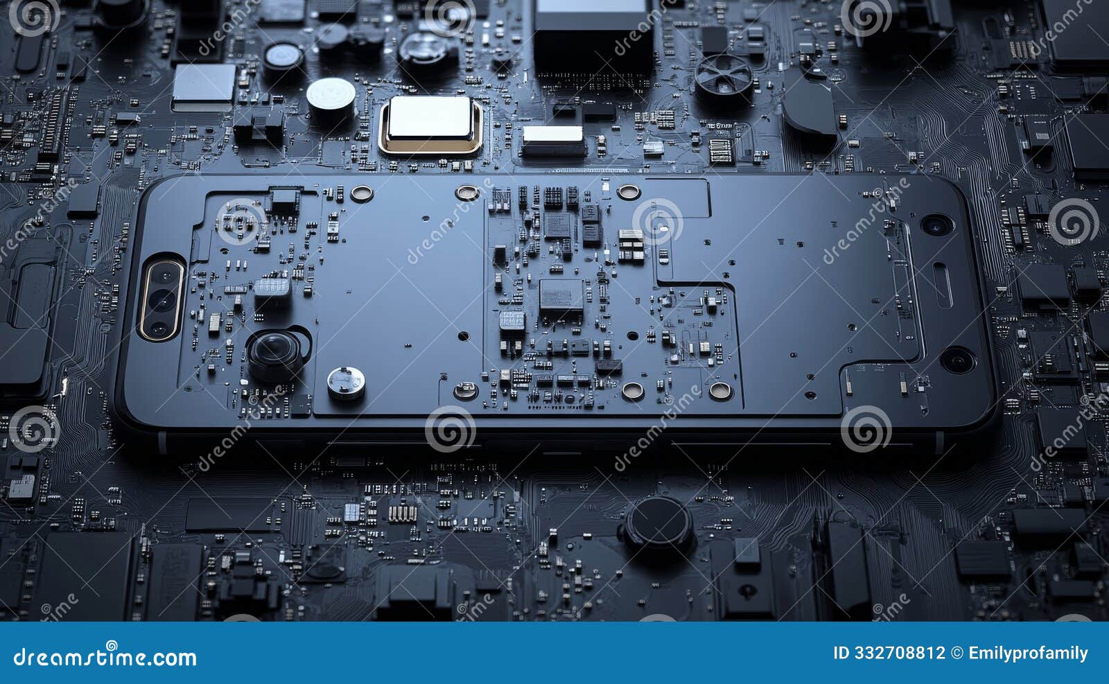 modular smartphone  showcasing its internal components on a circuit board background