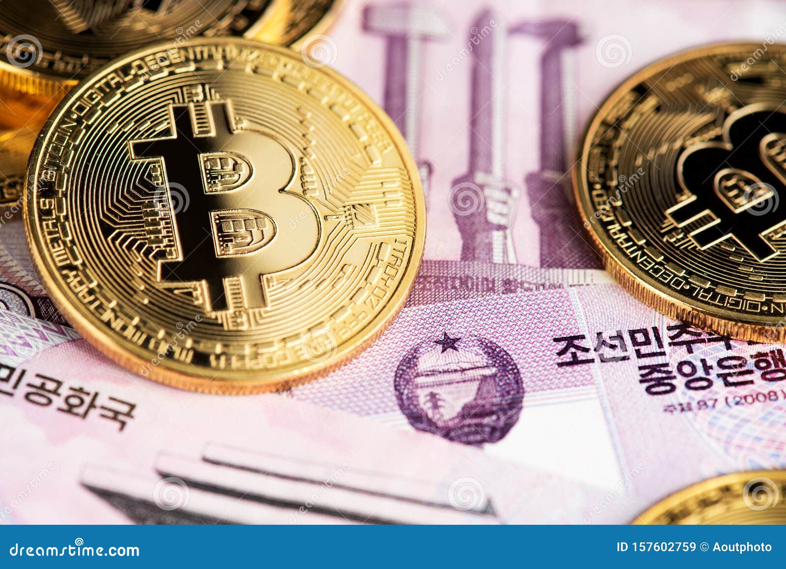 Moeda Da Coreia Do Norte Com Criptomoeda BTC Bitcurrency Imagem de Stock -  Imagem de virtual, internet: 157602759
