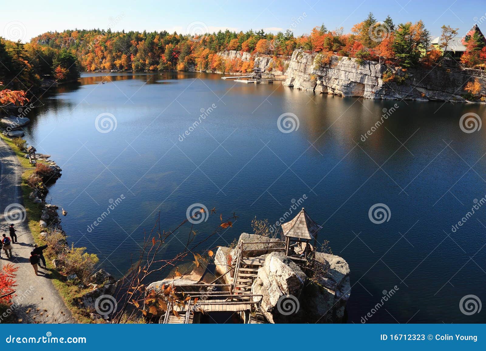 Mohonk Lake Gazebo. A Gazebo on an island of boulders on Mohonk Lake surrounded by colorful Autumn trees in the Shawangunk Mountains of New York