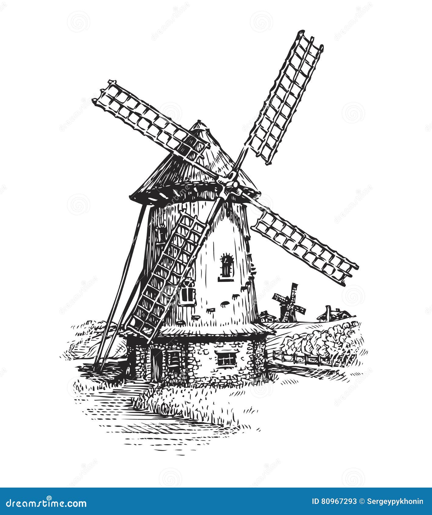 Ilustração em aquarela de um moinho de vento. o ícone de desenho à