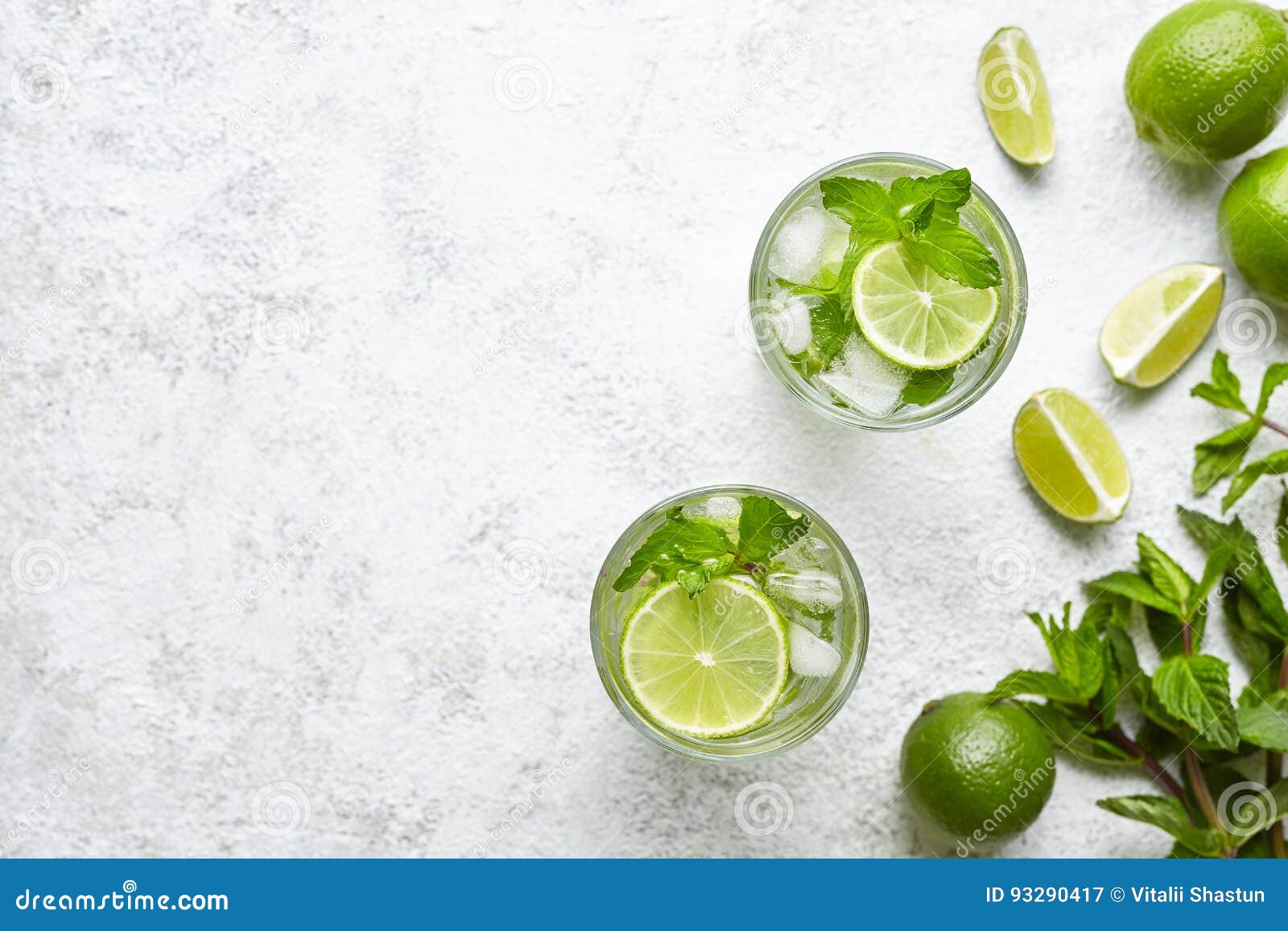 mojito cocktail alcohol bar long drink traditional fresh tropical beverage top view copy space two highball glass