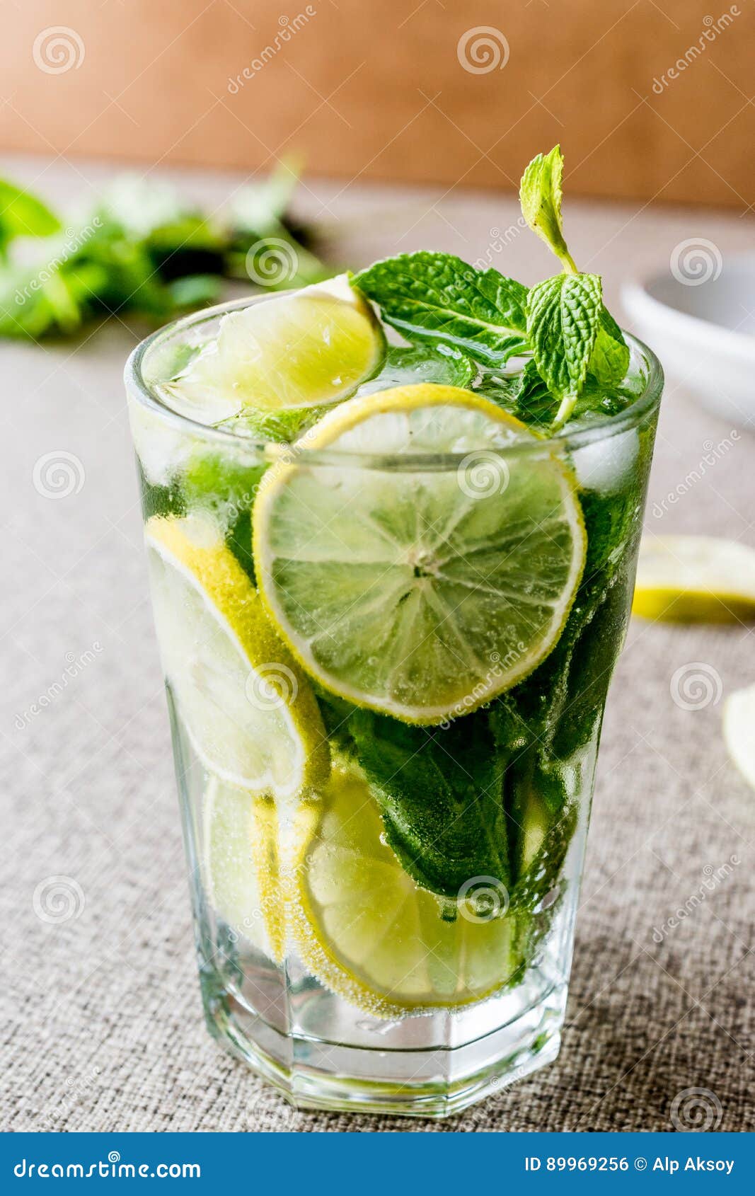 Mojito Cocktail with Lime, Mint Leaves and Ice. Stock Photo Image of