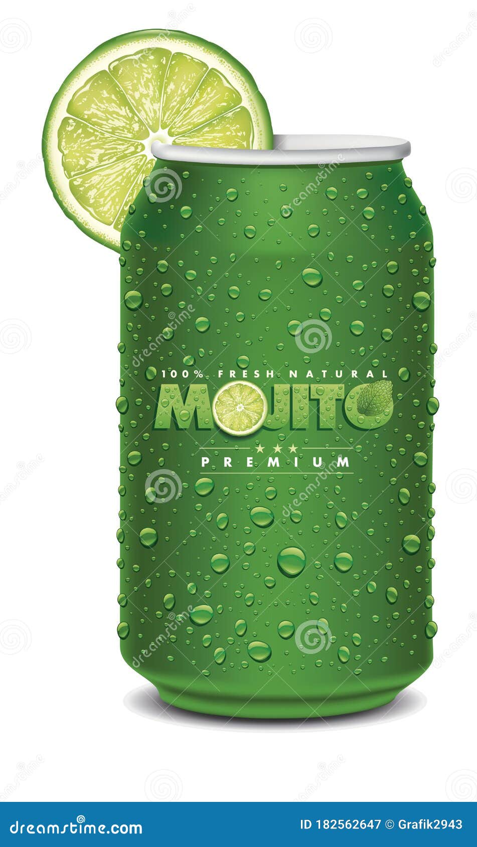 Mojito Juice Can with Many Juice Drops, Lime Slice Stock Vector