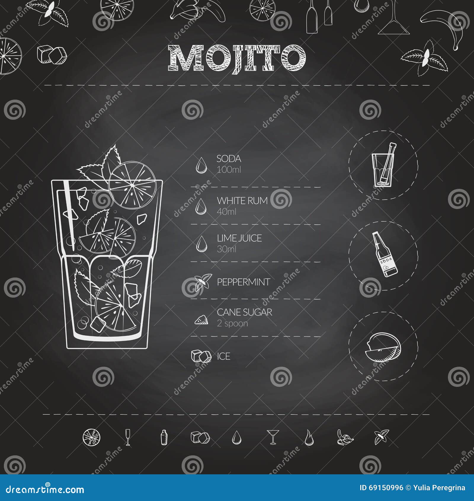 Mojito Koktajlu infographic set również zwrócić corel ilustracji wektora. Koktajlu infographic set Ręka rysujący elementy