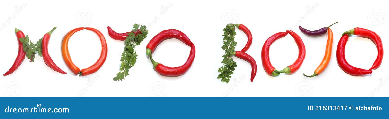 mojo rojo red yellow purple orange chili pepper and green herbs, parsley letter for mojo rojo recipe