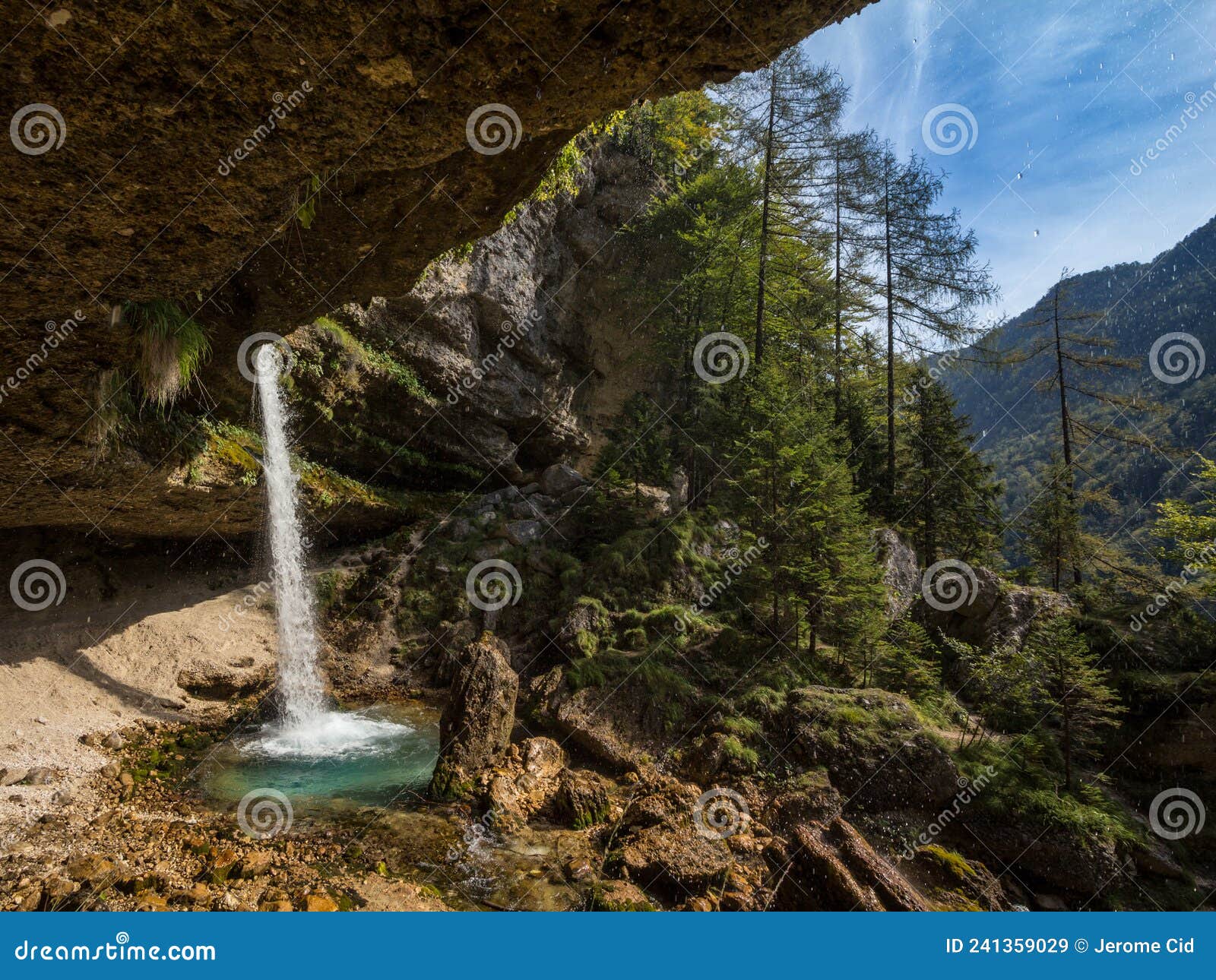 Pericnik Waterfall with Water Falling Down a Mountain, Seen from Below