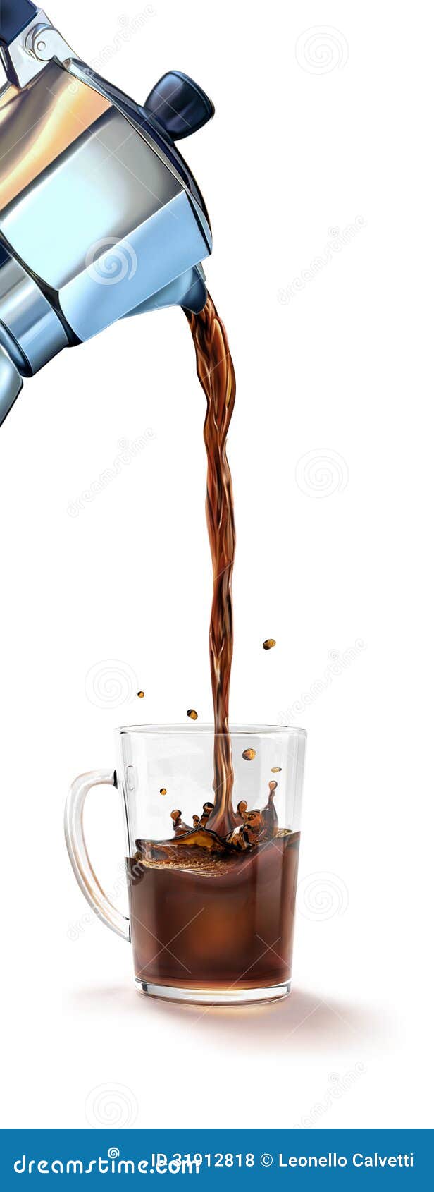moka coffee machine pouring coffee into a glass mug splashing.