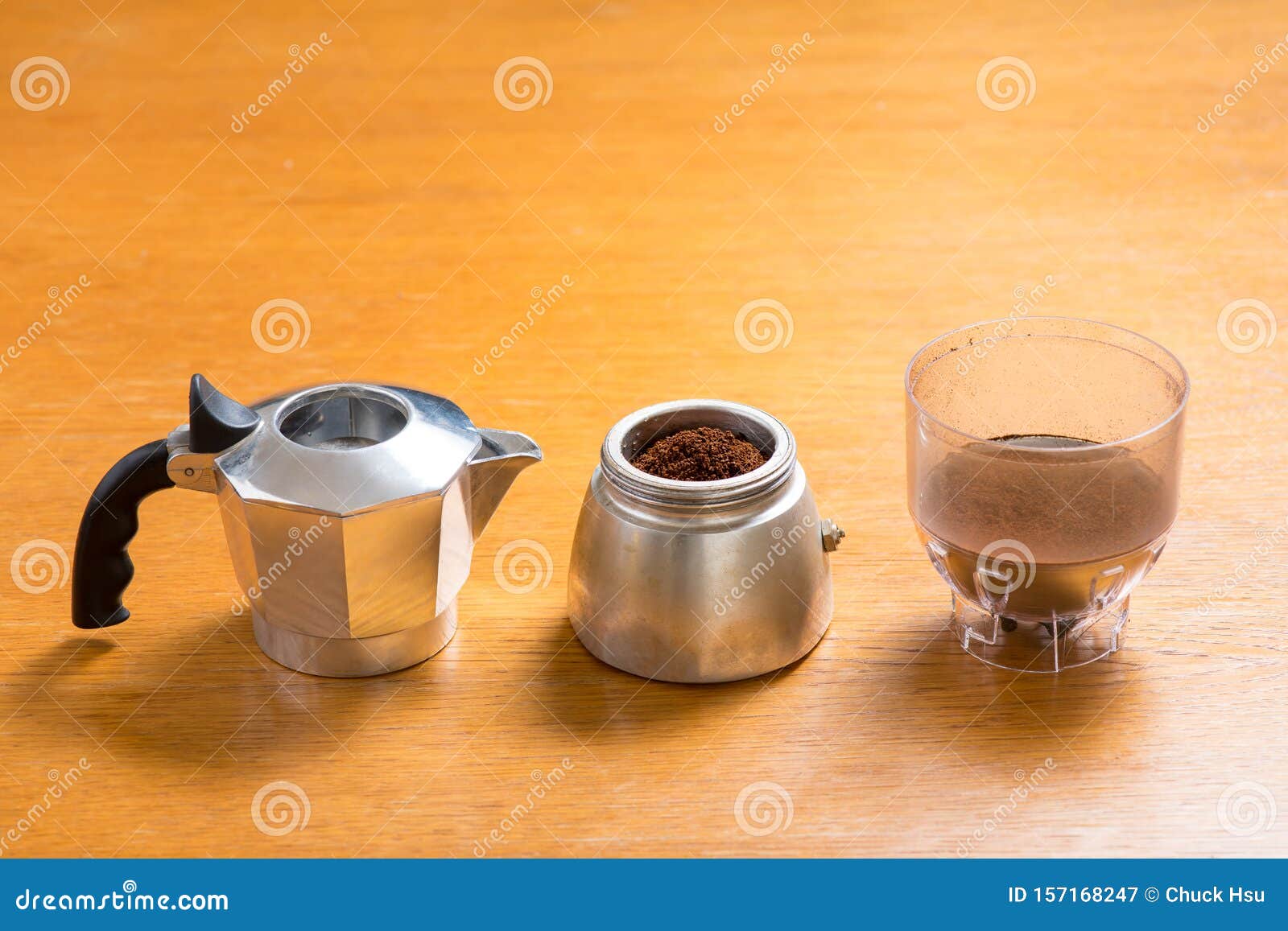 moka pot and coffee beans and grinder