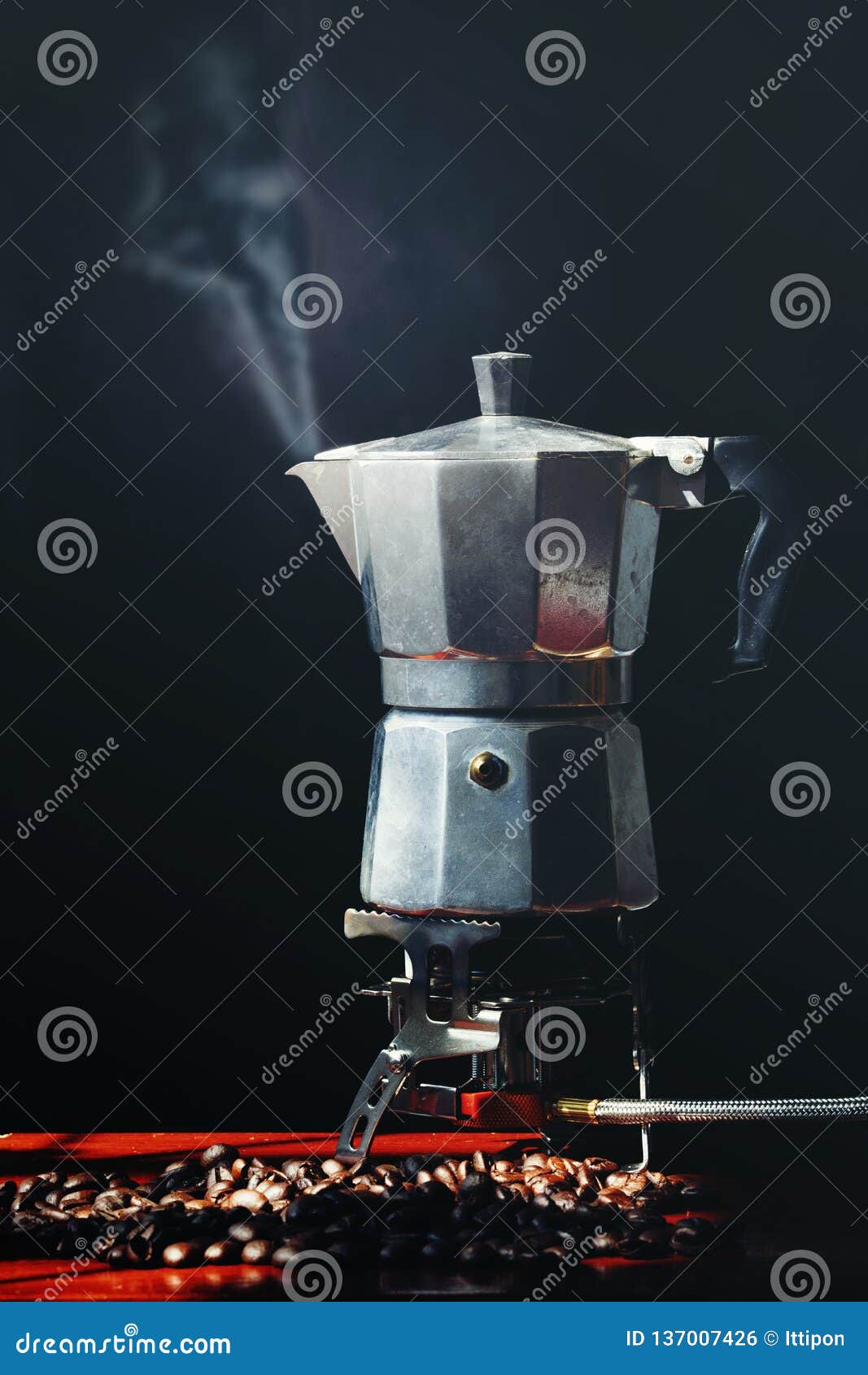 moka pot old coffee maker and coffee beans