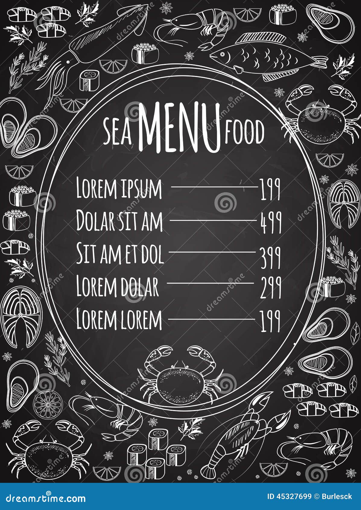 Molde do menu do quadro do marisco. Menu do quadro do marisco com um quadro oval central com uma lista de preços cercada pelo a lápis branco desenhos do vetor do bife salmon e das ervas do mexilhão do camarão do camarão do sushi do caranguejo da lagosta do calamari dos peixes