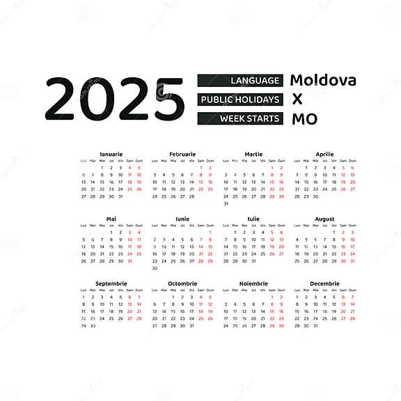 Moldova Calendar 2025. Week Starts from Monday. Vector Graphic Design