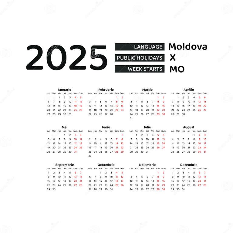 Moldova Calendar 2025. Week Starts from Monday. Vector Graphic Design