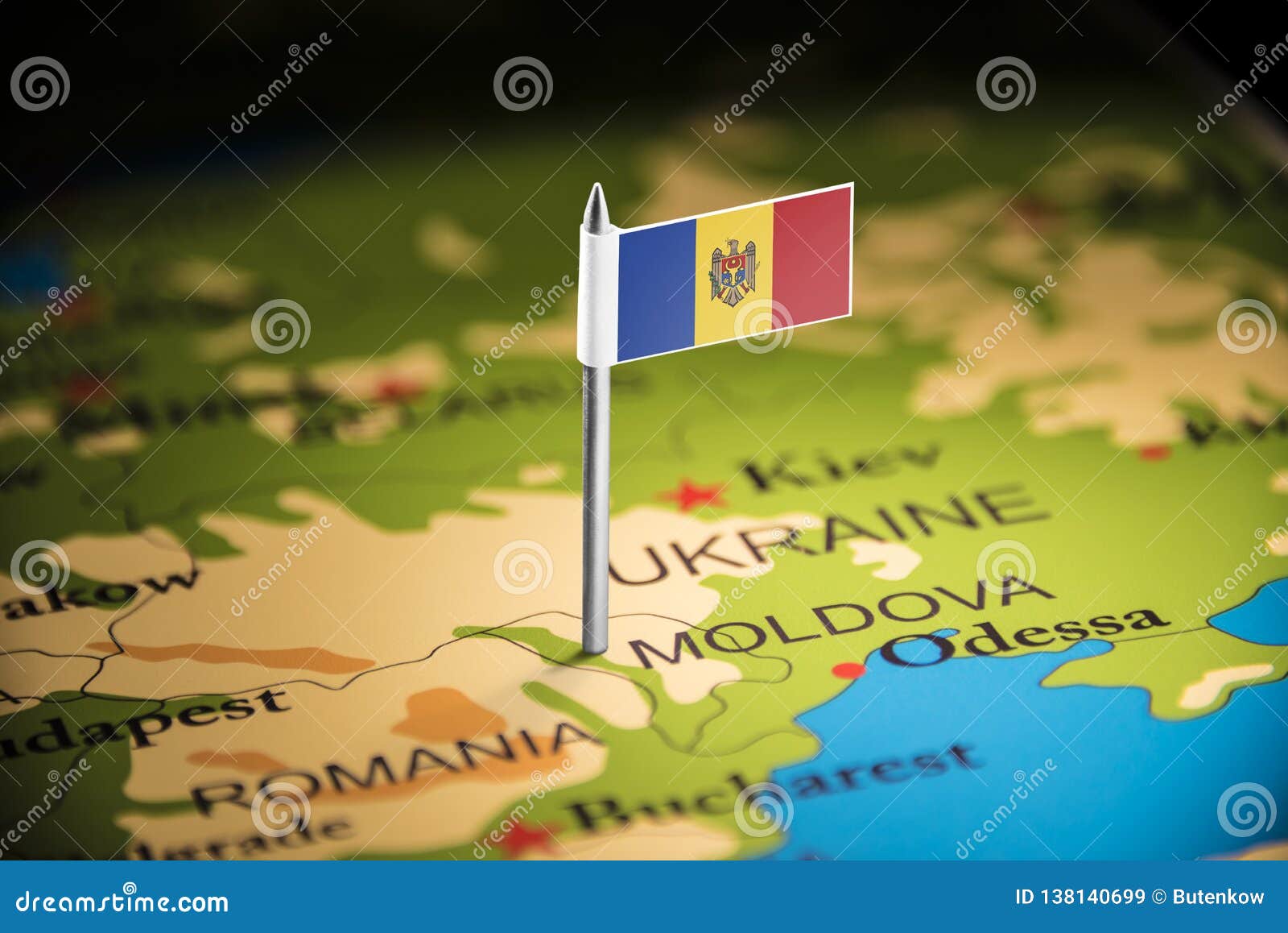 moldova marked with a flag on the map